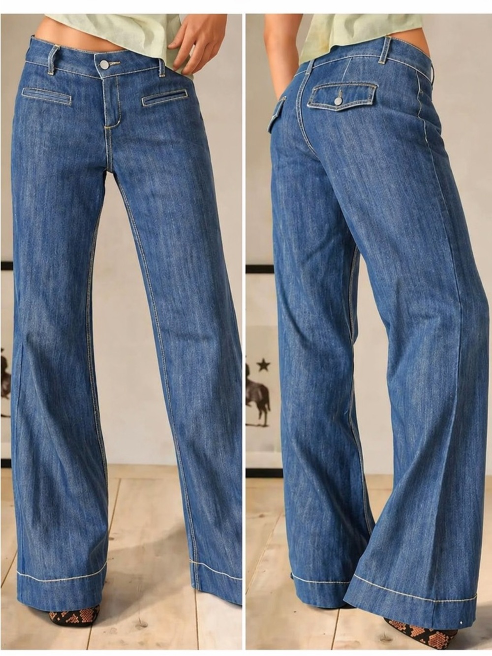 Flamingals Wash Welt Pocket Flap Decor Mid Rise Straight Leg Jeans Sz Large NWT